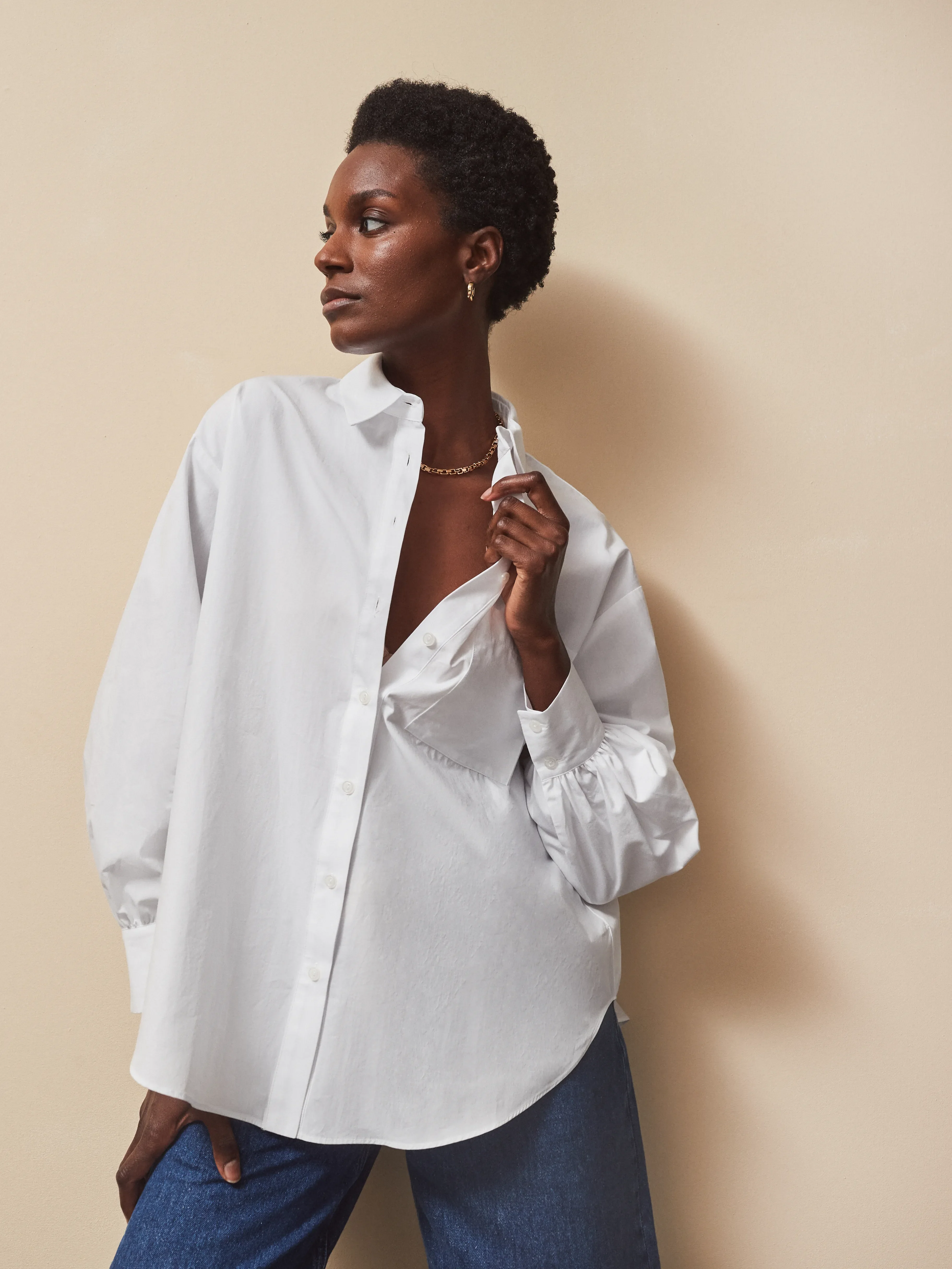 White Poplin Split Back Shirt